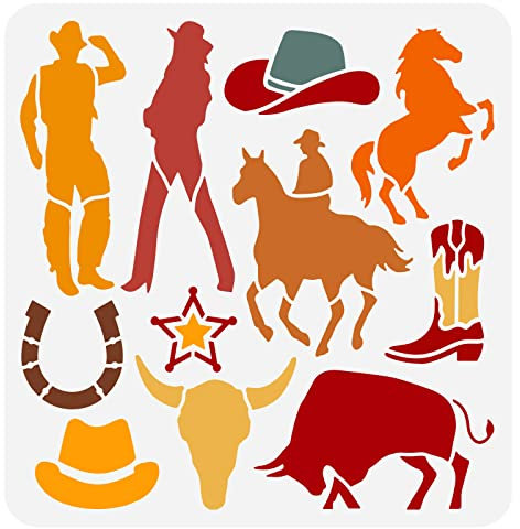 FINGERINSPIRE Western Cowboy Schablone 30x30cm Cowboy Thema Malschablonen, Kunststoff Stern Kaktus Pferd Hut Stiefel Vieh Muster Schablonenvorlage, Wiederverwendbare Schablonen Für Holz Wand