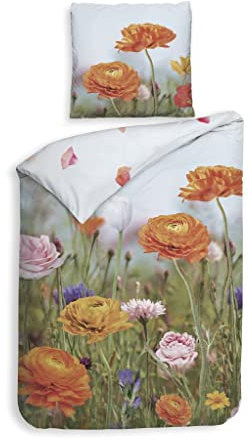 Heckett Lane Mako-Satin Bettwäsche 135x200 Sonja Blumen Frühling orange rosa