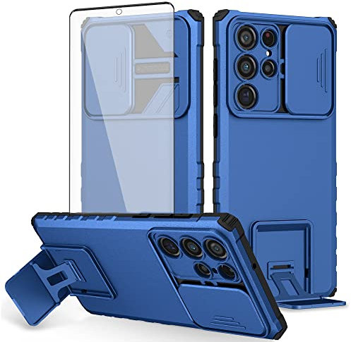 Asuwish Phone Case for Samsung Galaxy S22 Ultra 5G with Tempered Glass Screen Protector and Slide Camera Cover Kickstand Stand Slim Protective Cell S22ultra 22S S 22 S22ultra5g 6.8 Women Men Blue