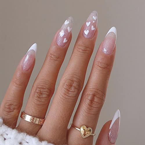 Brishow False Nails French Heart Press on Nails Valentine's Day Pink Short Fake Nails Ballerina Acrylic Stick on Nails 24pcs for Women and Girls