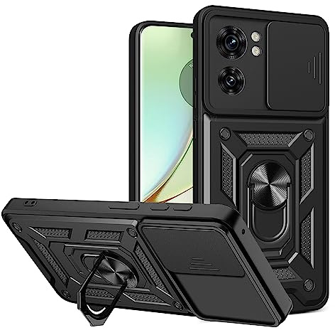 ESTH® Case for Motorola Edge 40 with Slide Camera Cover, Military Grade Shockproof Protective Cover with Rotatable Metal Ring Kickstand [Support Magnetic Car Mount], Black