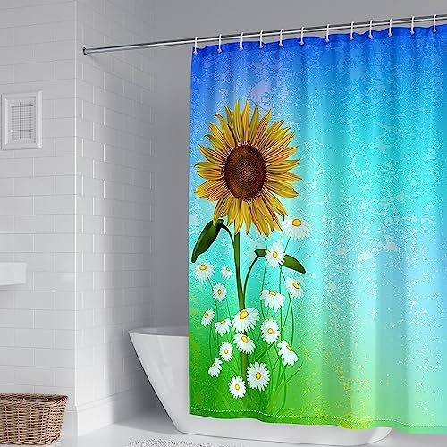 Duschrollo für Badewanne, Duschvorhang Stoff Waschbar Blau Gelb Grün Sonnenblumen und Gänseblümchenmuster Badezimmer Duschvorhang 150X200cm