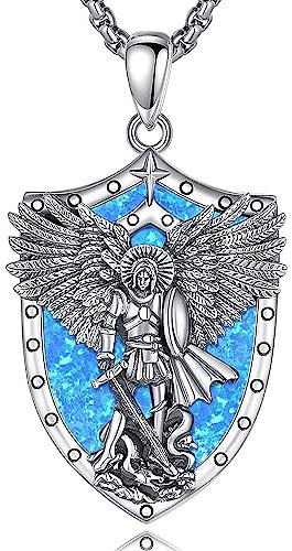 AEONSLOVE Erzengel Michael Halskette Silber 925 für Damen Herren Heiliger Michael Medaille Anhänger Opal Saint Michael Archangel Amulett Kette Katholische Schmuck Religiöse Geschenk