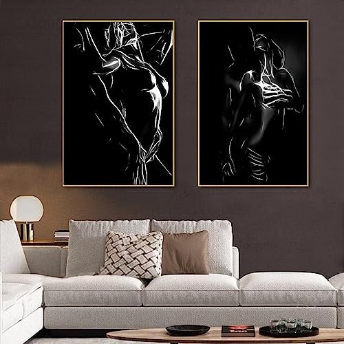 Dittelle Noir et Blanc Lignes Abstraites Toile Peinture Couple Sexy Corps Femmes Homme Mur Art Affiche Moderne Photos Intérieur Décor27.5 x39.3 (70x100cm) Pas de cadre