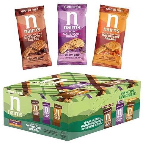 Nairn’s Gluten Free Variety Pack Oat Biscuit Breaks, Flavors inc. Caramelised Biscuit Moments, Chocolate Chip, Fruit. Pack of 48 (3 Biscuits Per Pack)