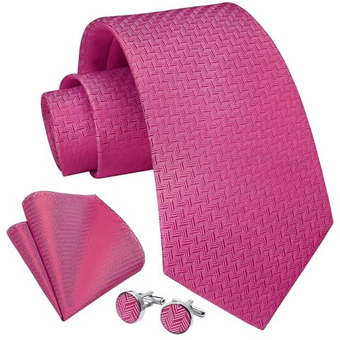 Enlision Corbatas de Hombre Modernas Conjunto Corbata Fucsia Rosa y Pañuelo y Gemelos a Juego Solido Elegantes para Boda Business Fiesta