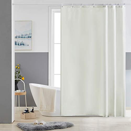 Furlinic Duschvorhang 150x200cm Antischimmel Waschbar Schmal Bad Vorhang Textil aus Polyester Stoff Wasserdischt für Eck Badewanne Beige mit 10 Duschvorhangringen.