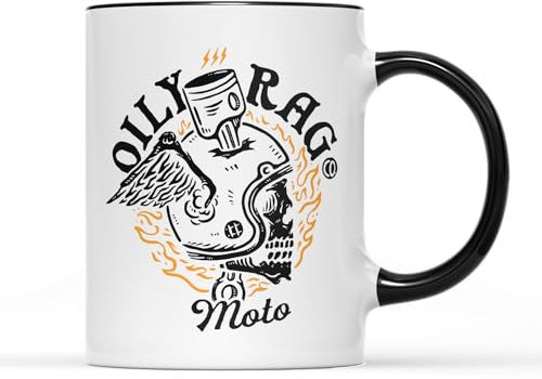 Oily Rag Flaming Helmet Mug Tea Coffee Cup - British Vintage Biker Motorbike Motorcycle Club Enthusiast Motor Co Triumph Chopper Harley Gifts Presents (Black Handle)