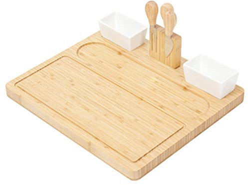 TRoki Large Bamboo Charcuterie Board with Knife Set, Magnetic Utensils, and Ceramic Bowls - Elegant Cheese Tray Platter