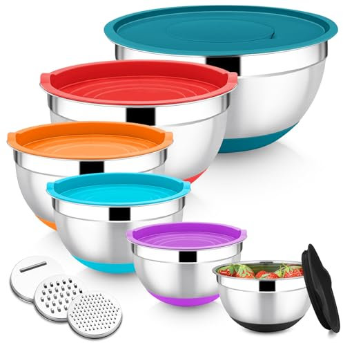 Onader Stainless Steel Mixing Bowls, 6-Piece Metal Salad Bowl for Kitchen Baking Cooking Serving, Airtight Lids & 3 Graters & Silicone Bottom, Size 0.7/1.2/1.6/2.5/2.8/4.6QT - Colorful