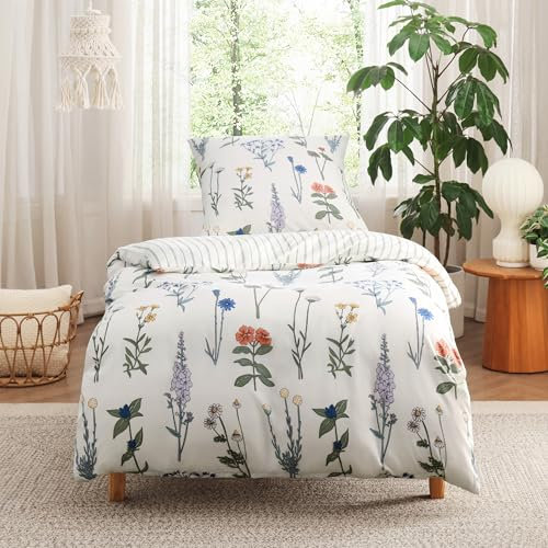 BEDSURE Bettwäsche 135x200 2teilig Bettbezug - Bettwäsche-Sets 135 x 200 cm mit Kissenbezug 80x80 cm, ÖKO-TEX Weiß Wendebettwäsche Bedding Muster Blumen Gestreift für Einzelbett mit Reißverschluss