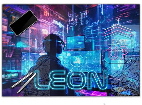 Gaming Schreibtischunterlage personalisiert mit Namen | wasserfeste Schreibunterlage, abwischbar, hochwertiges Acrylglas, Gamer Teenager Kunststoff | 60x40cm Zocker Neon
