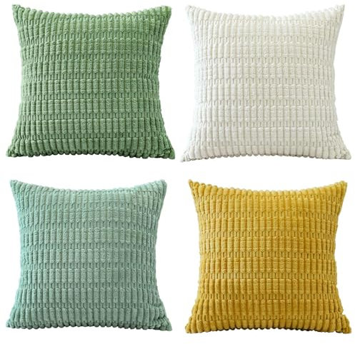 Sungeek 4er Set Kordsamt Kissenbezüge, Dekorativ Zierkissenbezüge Weich Kissenbezug Dekokissen Sofakissen Couchkissen Deko Bezug Kissenhülle für Sofa Schlafzimmer Wohnzimmer (Grün Gelb Weiß, 50x50 cm)