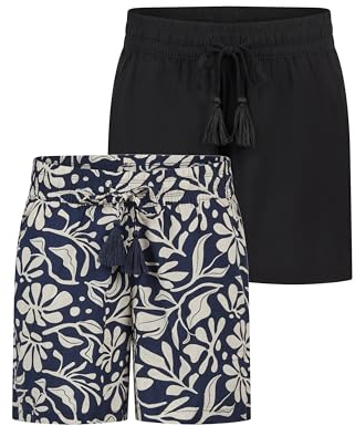 DENIMFY Kurze Hose Damen Sommer leichte Shorts mit Gummizug Regular Fit | DFLia 2er Pack Set Weite Bermuda 100% Viskose Beige Grün Schwarz Navy Blau S M L XL XXL