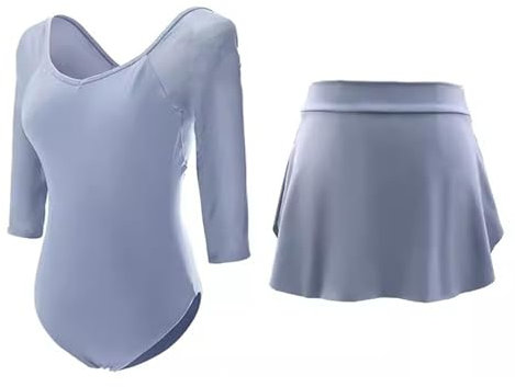 WABMJGW Schwarzer Tanz-Trikot für Damen, mit Rock, Ballett-Trikot mit 3/4 Langen Ärmeln, Mädchen-Gymnastik-Trikots, Nylon-Stretch, atmungsaktiv, Sport-Yoga-Trikots, Tanzkleidung,Light Grey-L