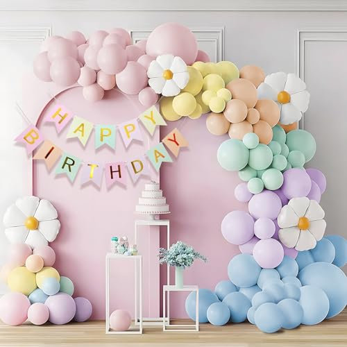 Geburtstagsdeko Mädchen,107 stück Kindergeburtstag Deko Regenbogen Pastell Luftballon Girlande, mit Gänseblümchen Folienballons, Geburtstag Banner, Babyparty Ballon Girlande, Geburtstag Deko Mädchen