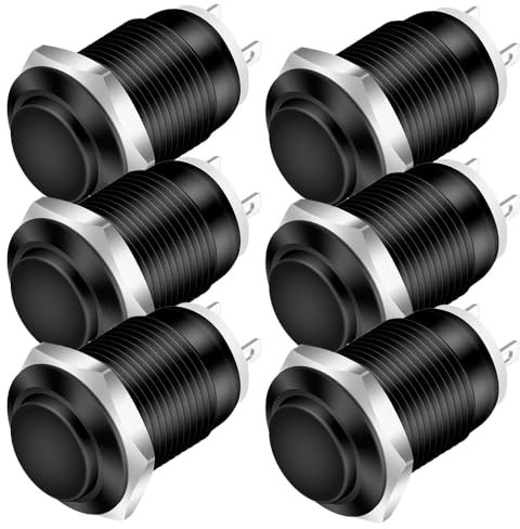 Gebildet 6pcs 12mm Pulsador Momentáneo Cable de Cabeza Elevada Aleación de Aluminio 1NO 12V 24V 36V 110V 250V Impermeable IP65 Sin LED (Carcasa Negra)