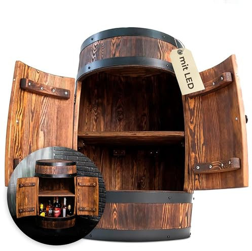 Bonanza Wood Holzfass Hausbar LED - Handgefertigtes Fassbar mit Holz Regal - Fass Barschrank im Retro Stil - Weinregal Holz 80x55cm
