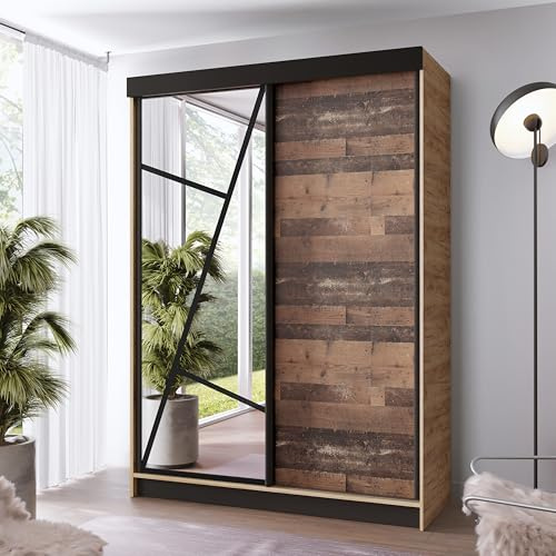 KIER FURNITURE - Schrank mit Spiegel - Kleiderschrank mit Schiebetüren, Fachböden und Kleiderstange - Garderobenschrank für Schlafzimmer, Flur - Craft Eiche & Old Style Holzoptik - 167x205x59 cm