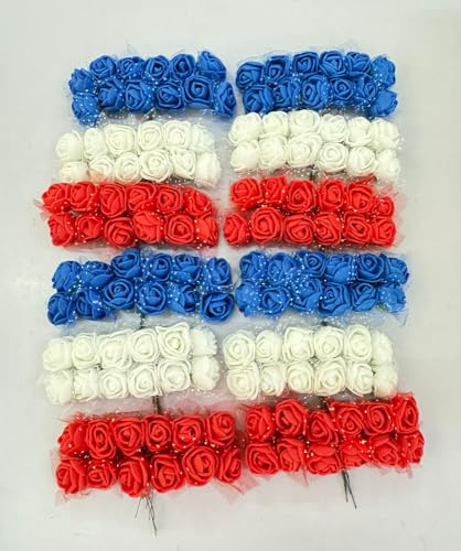Künstliche Mini-Rosenköpfe und weicher Stiel, 25 mm, Rot, Weiß, Blau, 144 | Winzige Blüte, 25 mm, Gaze für selbstgemachte Hochzeit, Braut-Haarspangen, Kuchen-Top, Handgelenk-Ansteckblumen, Kranz