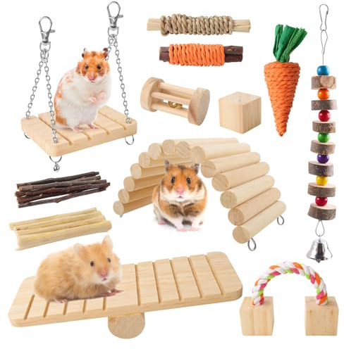 Pethee 12PCS Hamster Chew Toys Set Small Animal Molar Wooden Toys