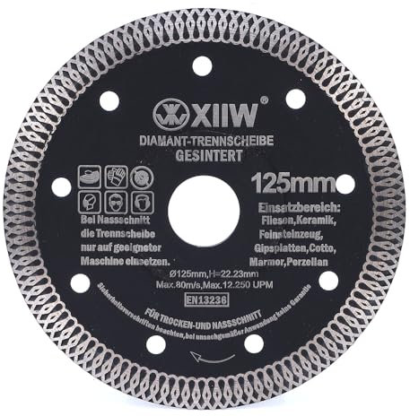 Diamanttrennscheibe Ø125mm Trennscheiben, 10mm Segment, Schnittbreite von ca. 1,4 mm, extra dünn Turbo Winkelschleifern Diamant-Trennscheibe für Beton Fliesen Granit