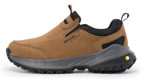 FitVille Men's Extra Wide Hiking Shoes,Slip On Trainers Outdoor Trekking Walking Shoes for Swollen Feet Khaki Tan 7.5 UK Wide