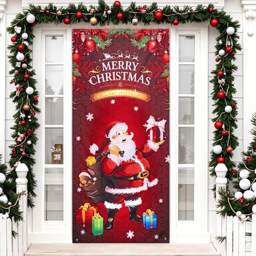 MELLIEX Copri Porta Natalizio, Decorazioni Natalizie per Porta Copertura Divertente Elfi Babbo Natale Appendere Ingresso Banner Copriporta Natalizio per Casa, 90 x 185cm, 90 x 200 cm