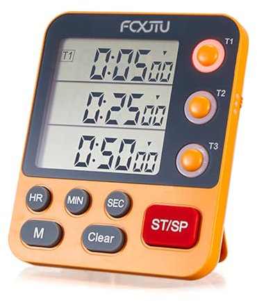FCXJTU Digitaler Dreifach-Küchentimer, 3 Kanäle, Countup/Down-Speicher-Timer, großes Display, lauter Lautstärkealarm, Blinklicht, magnetische Rückseite, Ständer, Batterie im Lieferumfang enthalten