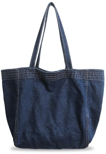 Boziee Denim Tasche Damen Shopper Groß Damen Tote Bag Beuteltasche Mit ReißVerschluss,Tragetasche Shopping Bag für School Schule Arbeit Büro Reisen Einkaufen Alltag (Dunkle Denim)