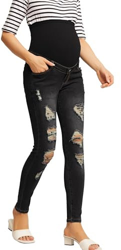 Maacie Jeans De Maternité Denim Coton Très Élastique Pantalons De Maternité Jeans Taille Haute pour Femmes Enceintes Noir M