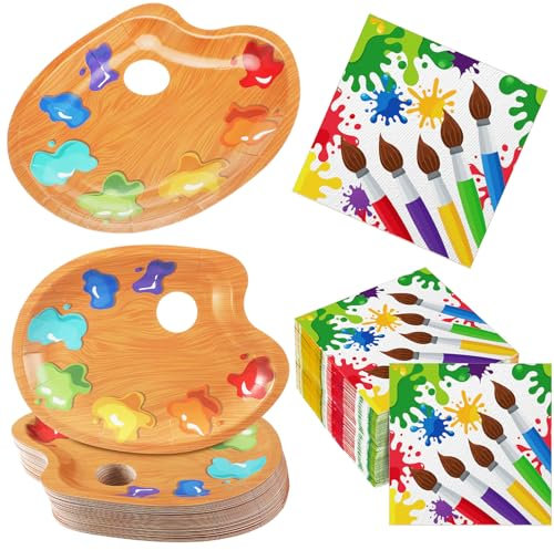 Poen 100 Pcs Art Party Supplies Painting Party Tableware Paint Party Decorations Paint Paper Plates and Artist Brush Napkins for Painting Theme Birthday Party Table Favors