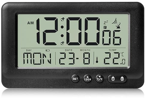 GOEDCH Radiosveglia digitale con luce: sveglia da viaggio, orologio radio automatico, sveglia digitale con due sveglia indipendente, termometro, datario, retroilluminazione, data, data, settimana