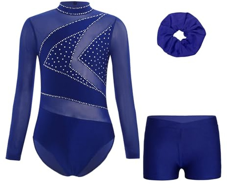 Oyolan Mädchen Turnanzug Glitzer Langarm Gymnastikbody mit Kurze Hose und Haarband Set Wettbewerb Tanzkleidung