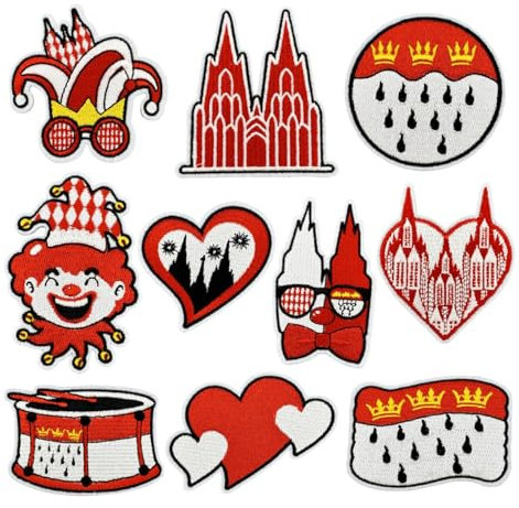 10 Stück Bügelbilder für Textilien – Kölner Karneval Rot-Weiße Flicken zum Aufbügeln oder Annähen – Süße Bestickte Applikationen für Kleidung, Jeans, Hüte & DIY-Projekte