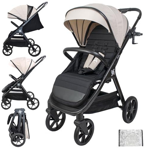 Twinly SPACELY, kinderwagen Buggy, bis zu 22 kg, Kinderwagen sehr groß und komfortabel, geräumige Sitz, sehr leicht zu falten buggy, XXL Verdeck mit UPF50+ Filter, Regenschutz, Liegewagen (Beige)