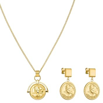 Purelei – Halskette & Statement-Ohrringe mit Coin-Anhänger, Edelstahl 18K vergoldet, Inspiriert von Queen Kapiʻolani, Schmuckset, Set für Frauen (Gold)