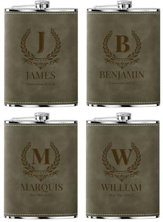 Flasque a Alcool Fiole Personnalisé 4 Pièces Whisky Acier Inoxydable 304 Cadeaux de Mariage Flask Cuir Gravé Vert 8oz