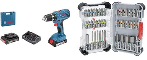 Bosch Professional 18V System Akku Bohrschrauber GSR 18V-21 (max. Drehmoment: 55 Nm, inkl. 2x 2.0Ah Akku, Ladegerät GAL 18V-20, L-Case) + 43x Extra Hard Schrauberbit-Set (197 x 110,5 mm, Zubehör)