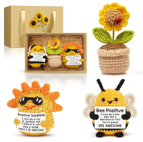 3Pcs Handmade Emotional Support Crochet Set: Sun, Bee & Sunflower in Gift Box, Funny Positive Bee Crochet Animals,Positive Knitted Dolls for Women Men Kids,Cute Plush Toy for Present