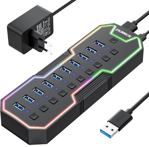ZIUMIER Powered USB Hub, 10 Ports USB 3.0 Hub mit RGB LED Strip | 12V/2A Power Adapter USB Erweiterung für MacBook, Mac Pro, Mac mini, iMac, Surface Pro, XPS, PC, Flash Drive, Mobile HDD