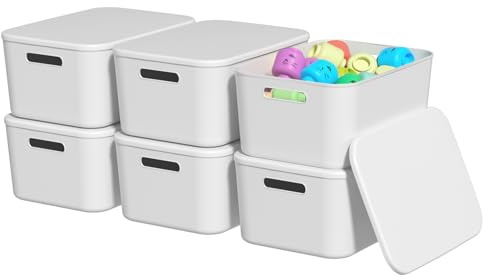 Saedy Plastic Organiser Box with Lid, Cupboard Storage Boxes, Pack of 6 | Light Gray