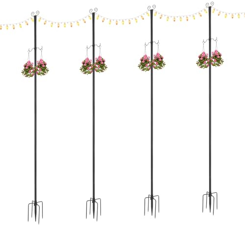 RUETERY 4er-Set Lichtmast, Außen-Lichtmasten zum Aufhängen, Höhenverstellbar mit Spitze und Haken für Lichterketten, Fahnen und Deko im Garten, Terrasse, Camping, Schwarz