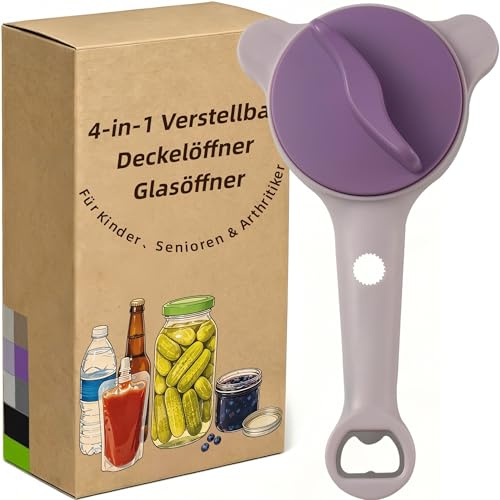Deckelöffner | 4-in-1 Multifunktions Glasöffner Verstellbar 2.5-9 cm | Für Senioren & Arthritis | Leicht Öffnen von Gläsern, Flaschen & Schraubverschlüssen | Küchenhelfer mit Hebelwirkung (Lila)