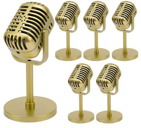 OLYCRAFT 6pz Microfono Retrò Modello di Microfono Dorato Microfono Vintage con Supporto Microfono In Plastica Decorazione per Tavolo Da Palcoscenico per Giochi di Ruolo Feste di Musica Hip Hop Rock
