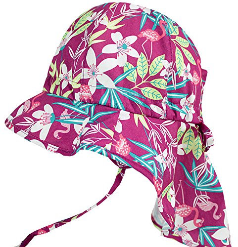 Maximo Kindermütze mit Nackenschutz und Ohrenklappen Purple Blumen, Gr. 45,UV-Schutz 15; Sommer-Mädchen-Kindermütze zum Binden