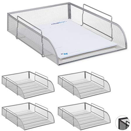 5 x stapelbare Dokumentenablage, Büro Briefablage aus Metall für DIN A4, Schreibtischablage BxT 26x33,5 cm, Silber