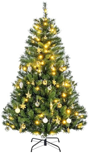 HOMCOM Künstlicher Weihnachtsbaum 150 cm künstlich Tannenbaum mit LED Beleuchtung, Kugeln, Christbaum mit 511 Spitzen, 6 Tannenzapfen, Weihnachtsdeko inkl. Metallständer für Drinnen