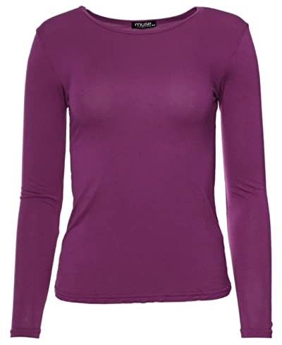 Easy Young Fashion - Damen Basic Rundhals Shirt - Langarm Unterziehshirt - Skinny Fit 1093 - Dunkle Beere L