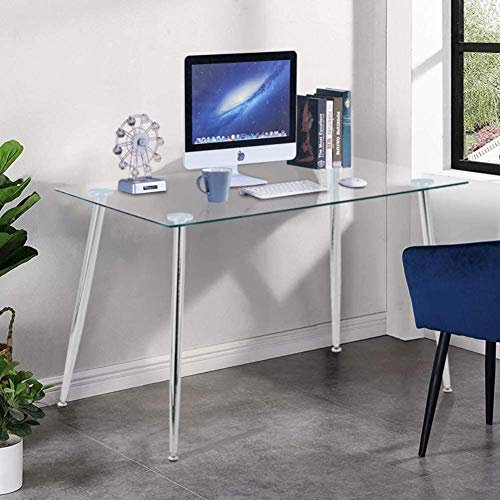 GOLDFAN Schreibtisch Glasplatte Moderner Arbeitstisch aus Glas Rechteckiger Schreibtisch Computertisch Bürotisch Mit Metallbeinen, Silber